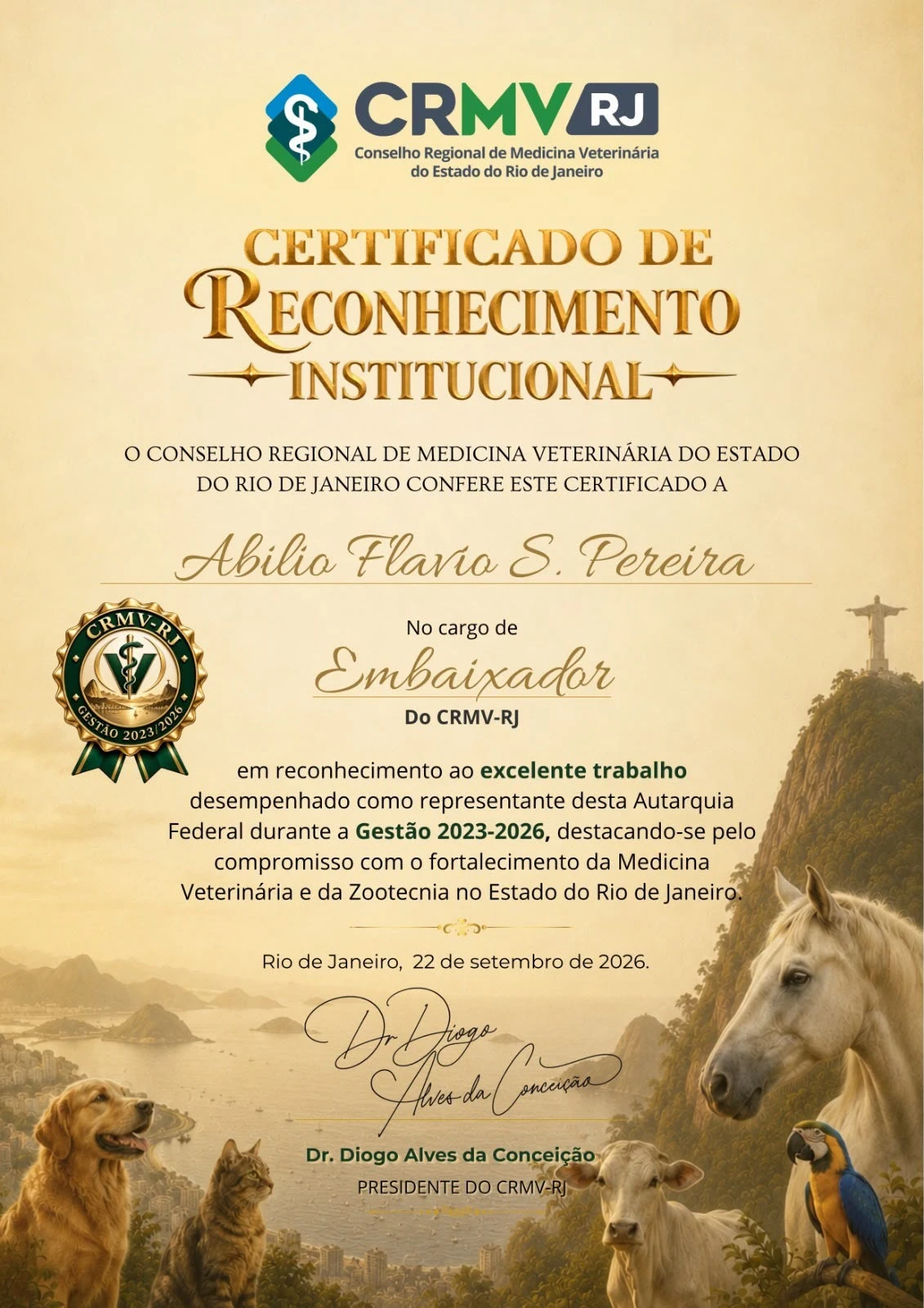 Certificado de Reconhecimento Institucional do CRMV-RJ